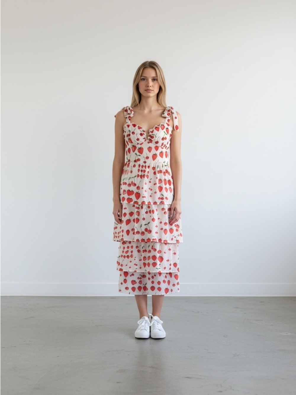 White and Red Strawberry Tiered Midi Dress